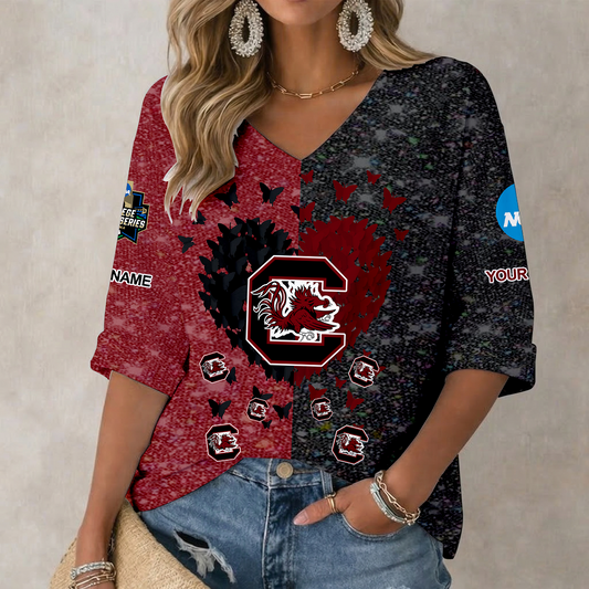 LIMITED DROP - NEW CUSTOMIZED | NCAA CWS10 SCG SOUTH CAROLINA GAMECOCKS WOMEN'S HEART V-NECK LONG SLEEVE SHIRT