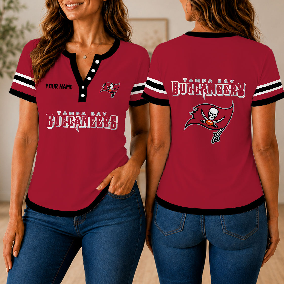 LIMITED EDITION - NEW CUSTOMIZED NFL10 TBB TAMPA BAY BUCCANEERS WOMEN'S SHORT SLEEVE HENLEY T-SHIRT