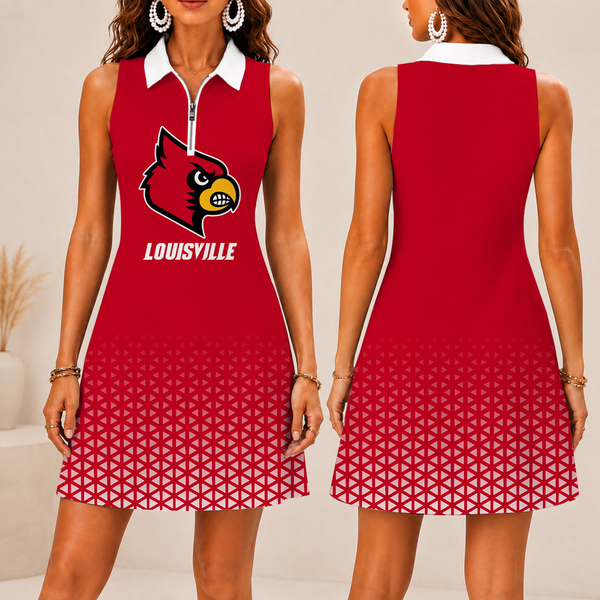 ELITE EDITION - NEW CUSTOMIZED | NCAA FBS10 ULC LOUISVILLE CARDINALS WOMEN'S ZIP SLEEVELESS POLO DRESS