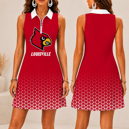 ELITE EDITION - NEW CUSTOMIZED | NCAA FBS10 ULC LOUISVILLE CARDINALS WOMEN'S ZIP SLEEVELESS POLO DRESS