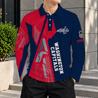 LIMITED DROP - NEW CUSTOMIZED NHL10 WCP WASHINGTON CAPITALS MEN LONG SLEEVE POLO
