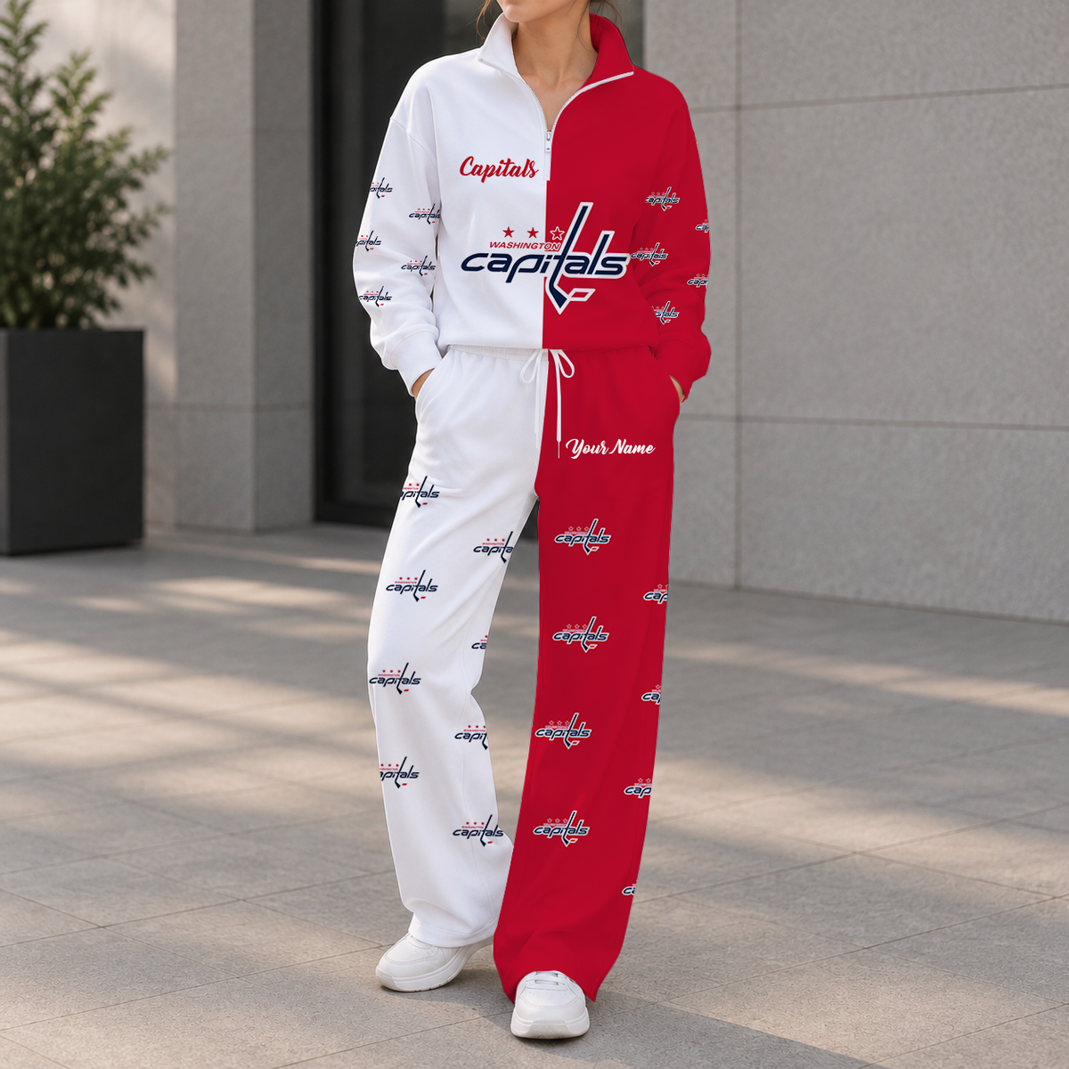 LIMITED EDITION - NEW CUSTOMIZED NHL10 WCP WASHINGTON CAPITALS ZIPPER SWEATSHIRT & WIDE LEG PANTS SET