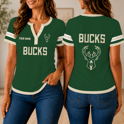 LIMITED EDITION - NEW CUSTOMIZED NBA11 MBU MILWAUKEE BUCKS  WOMEN'S SHORT SLEEVE HENLEY T-SHIRT