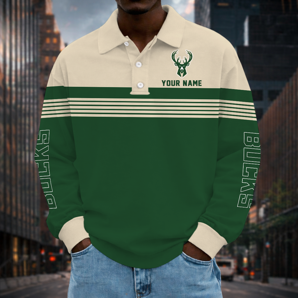 VIRAL EDITION - NEW CUSTOMIZED NBA11 MBU MILWAUKEE BUCKS MEN LONG SLEEVE POLO