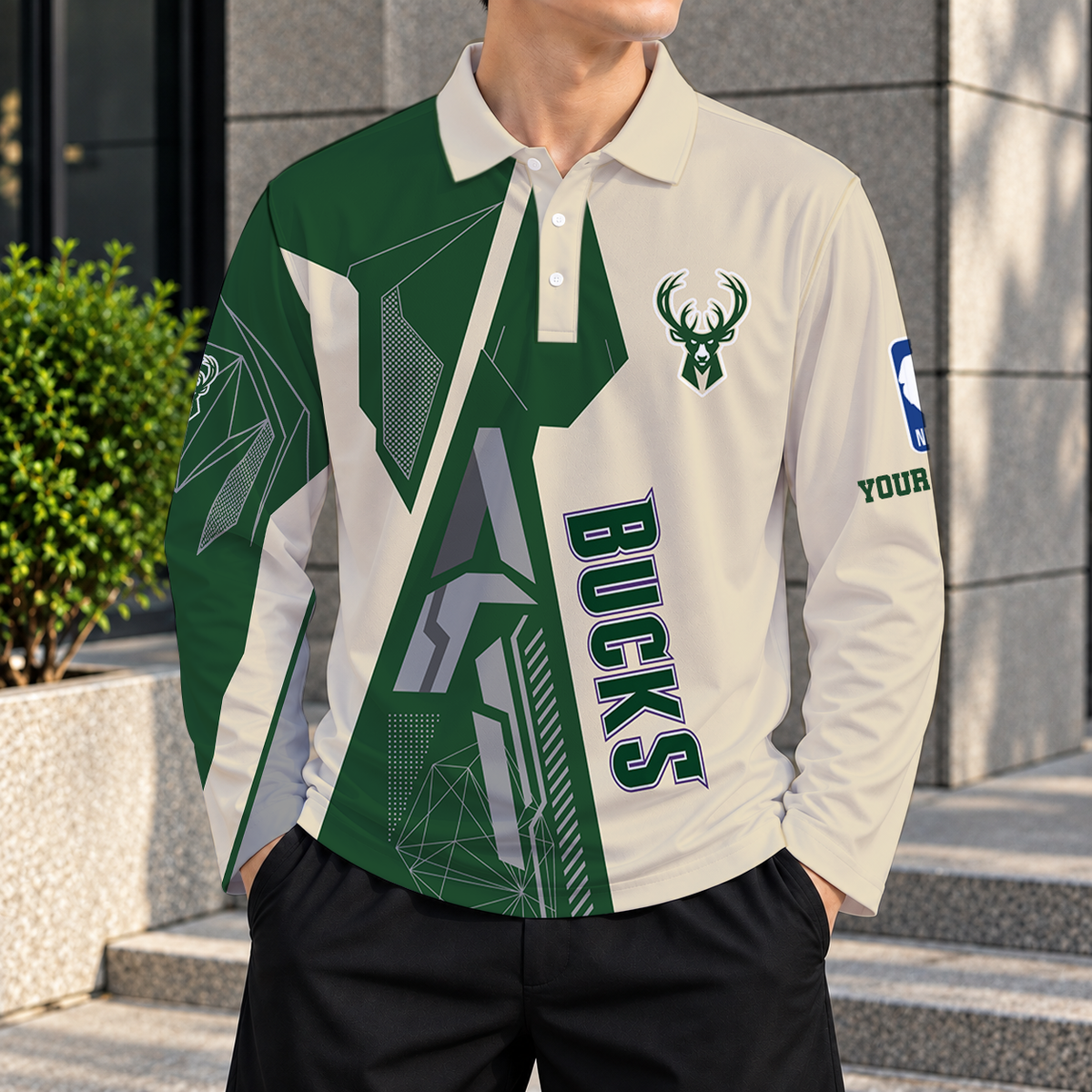 LIMITED EDITION - NEW CUSTOMIZED NBA11 MBU MILWAUKEE BUCKS MEN'S LONG SLEEVE POLO