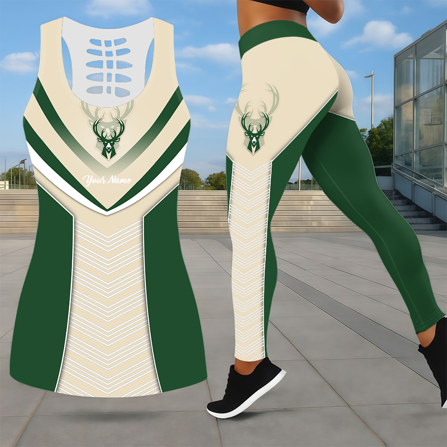 LIMITED EDITION - NEW CUSTOMIZED NBA11 MBU MILWAUKEE BUCKS LEGGINGS & HOLLOW TANK TOP SET