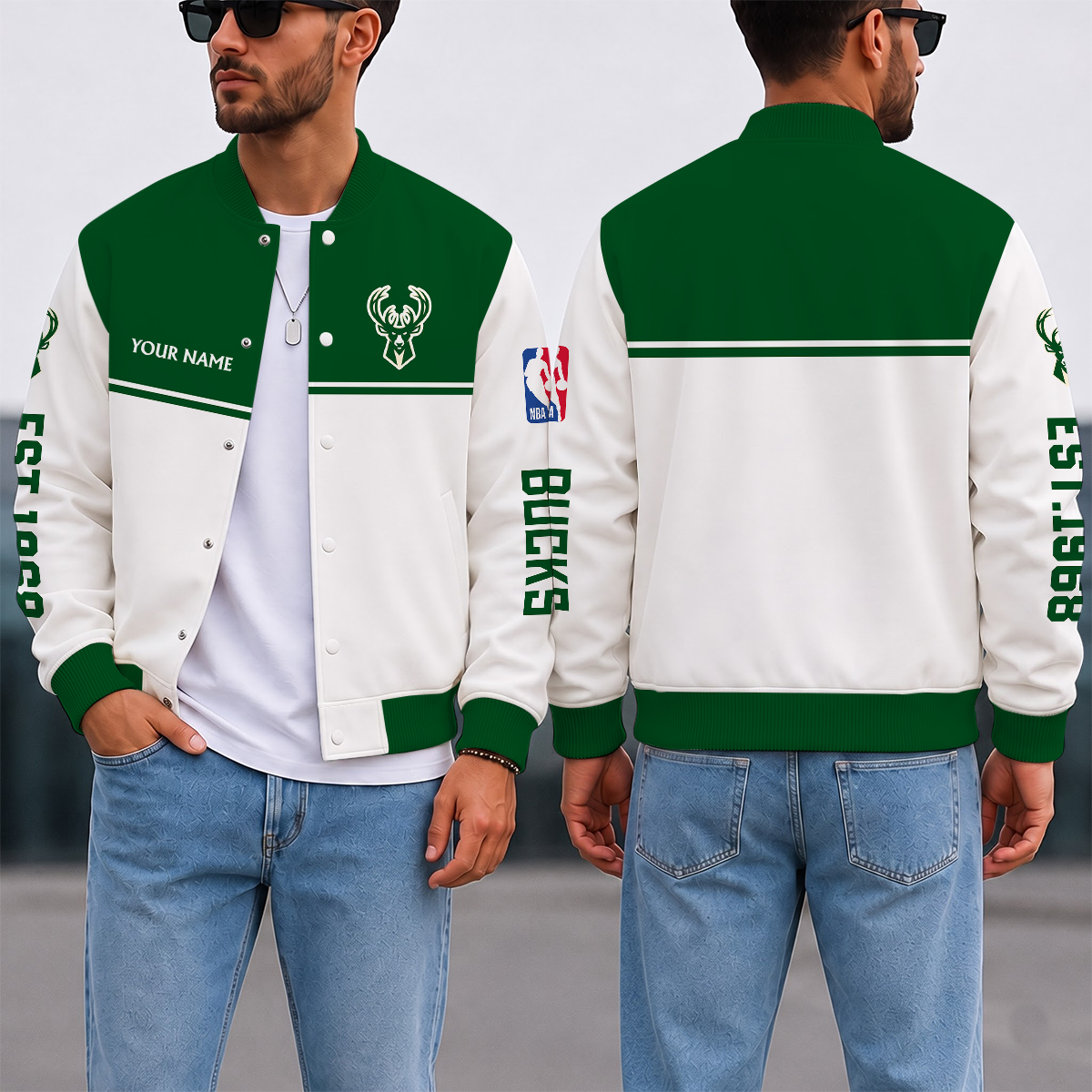 EXCLUSIVE EDITION - NEW CUSTOMIZED NBA11 MBU MILWAUKEE BUCKS BASEBALL JACKET, SATIN VARSITY JACKET