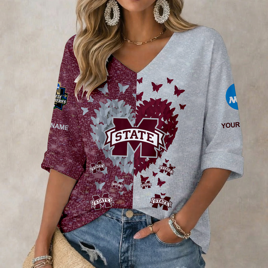 LIMITED DROP - NEW CUSTOMIZED | NCAA CWS11 MSB MISSISSIPPI STATE BULLDOGS WOMEN'S HEART V-NECK LONG SLEEVE SHIRT