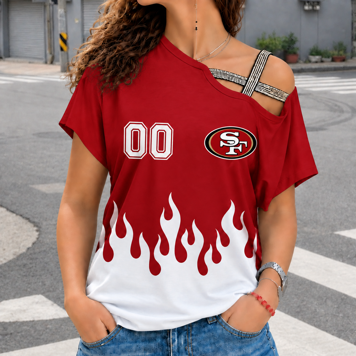 LIMITED EDITION - NEW CUSTOMIZED NFL11 SF49 SAN FRANCISCO 49ERS WOMEN'S SHOULDER SHIRT