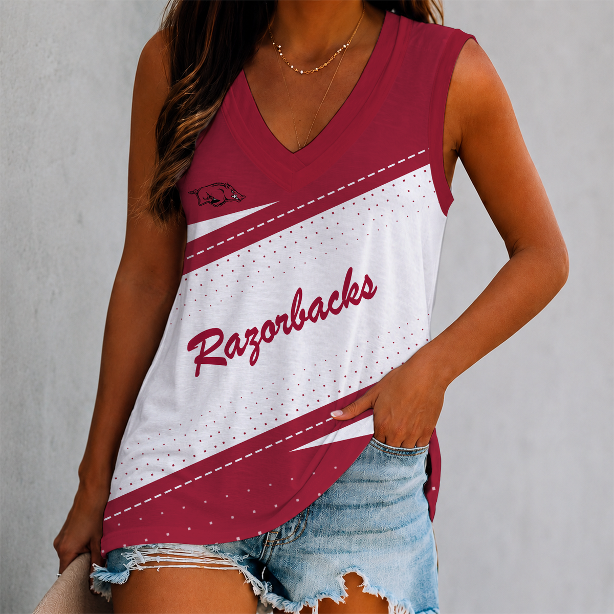 VIRAL EDITION - NEW CUSTOMIZED NCAA FBS12 AKR ARKANSAS RAZORBACKS WOMEN'S V-NECK TANK TOP