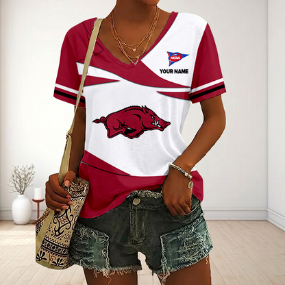 VIRAL EDITON - NEW CUSTOMIZED FBS NCAA12 AKR AK RAZORBACKS V-NECK FEMALE SHIRT