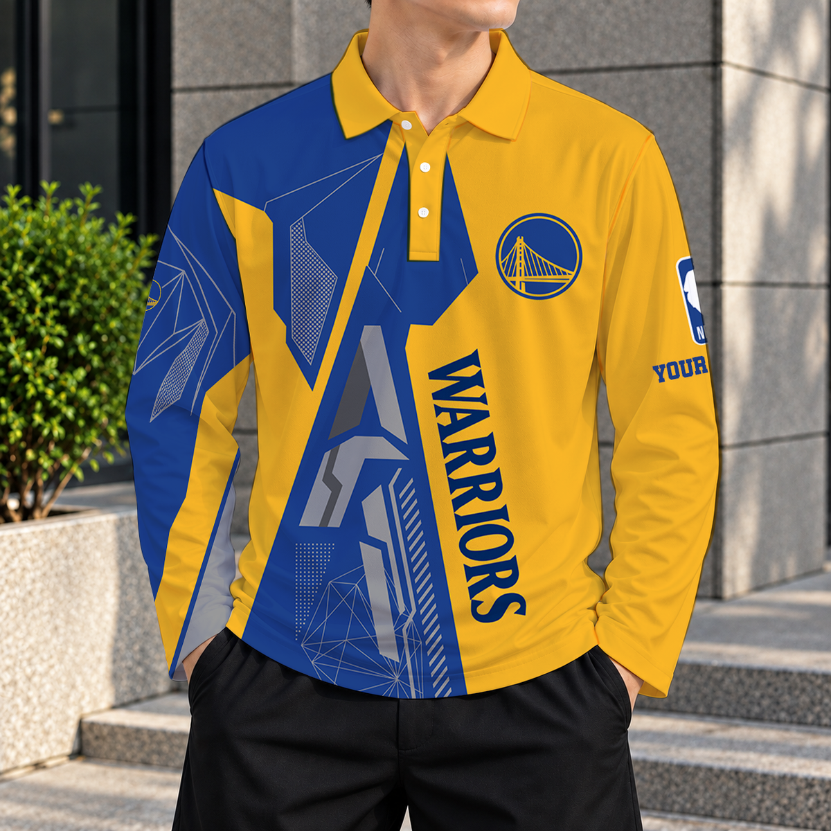 LIMITED EDITION - NEW CUSTOMIZED NBA12 GSW GOLDEN STATE WARRIORS MEN'S LONG SLEEVE POLO