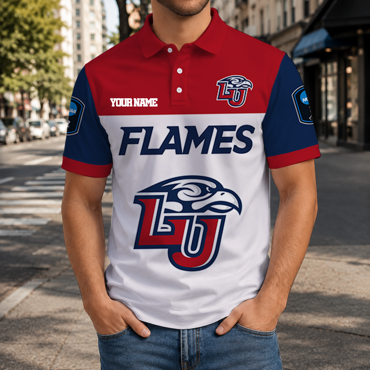 VIRAL EDITION - NEW CUSTOMIZED NCAA CFH12 LIF LIBERTY FLAMES POLO SHIRT, ZIP POLO SHIRT & T-SHIRTS