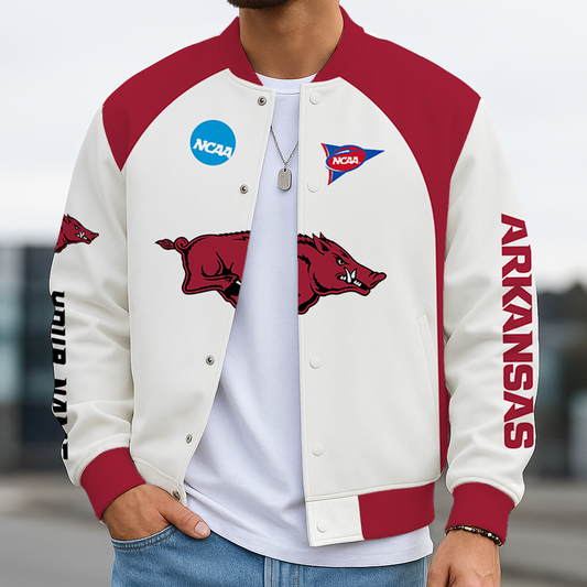LIMITED DROP - NEW CUSTOMIZED | NCAA FBS12 AKR AK RAZORBACKS BASEBALL JACKET, SATIN VARSITY JACKET