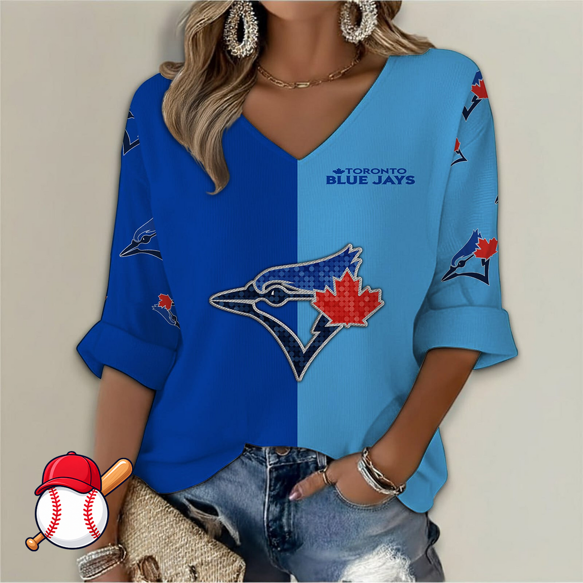 LIMITED EDITION - NEW CUSTOMIZED MLB12 TBJ TORONTO BLUE JAYS WOMEN'S  V-NECK LONG SLEEVE SHIRT