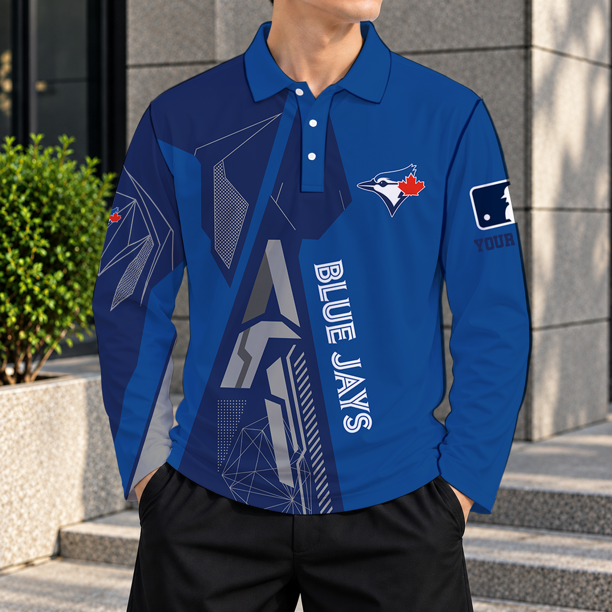 SPECIAL EDITION - NEW CUSTOMIZED MLB12 TBJ TORONTO BLUE JAYS MEN'S LONG SLEEVE POLO