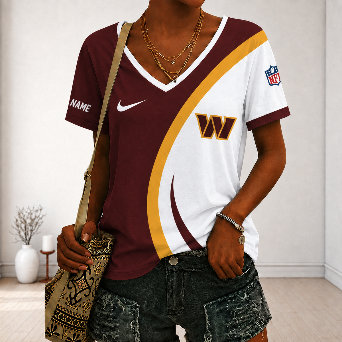 SPECIAL EDITION - NEW CUSTOMIZED NFL12 WTC WASHINGTON COMMANDERS V-NECK FEMALE SHIRT