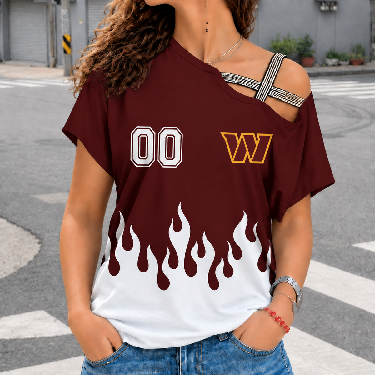 LIMITED EDITION - NEW CUSTOMIZED NFL12 WTC WASHINGTON COMMANDERS WOMEN'S SHOULDER SHIRT
