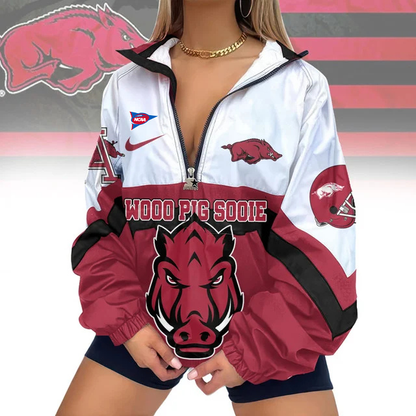 LIMITED EDITION - NEW CUSTOMIZED FBS NCAA12 AKR AK RAZORBACKS V-NECK ZIPPER SWEATSHIRT JACKET
