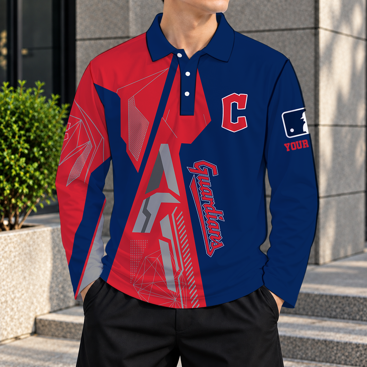 SPECIAL EDITION - NEW CUSTOMIZED MLB13 CGS CLEVELAND GUARDIANS MEN'S LONG SLEEVE POLO