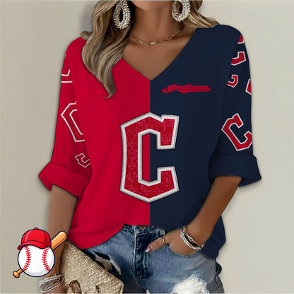 LIMITED EDITION - NEW CUSTOMIZED MLB13 CGS CLEVELAND GUARDIANS WOMEN'S  V-NECK LONG SLEEVE SHIRT