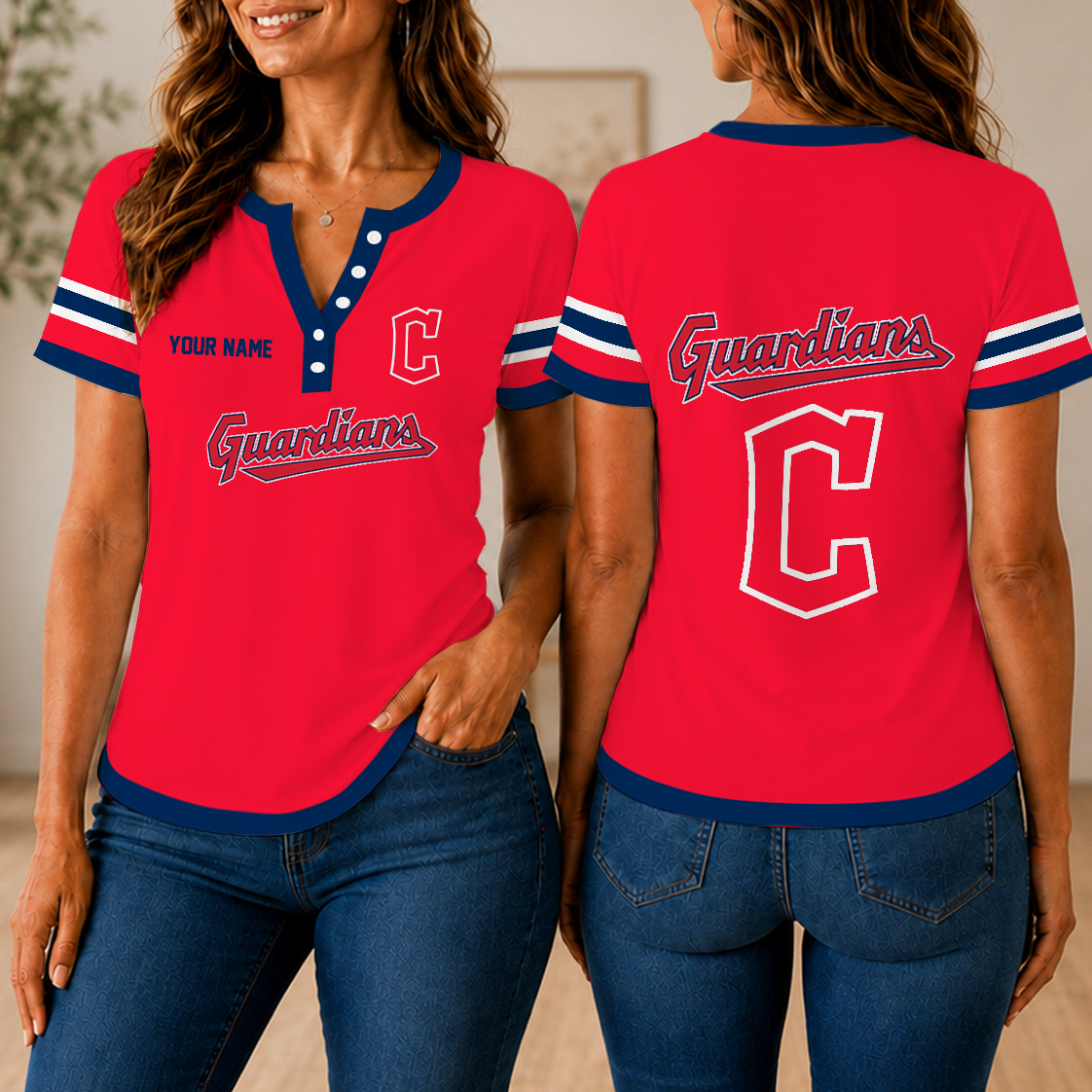 SPECIAL EDITION - NEW CUSTOMIZED MLB13 CGS CLEVELAND GUARDIANS WOMEN'S SHORT SLEEVE HENLEY T-SHIRT