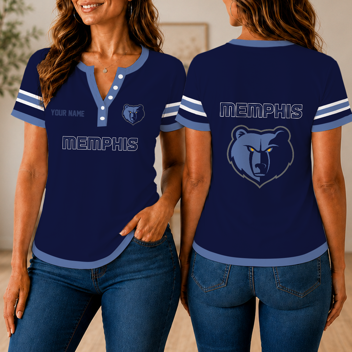 LIMITED EDITION - NEW CUSTOMIZED NBA13 MGR MEMPHIS GRIZZLIES  WOMEN'S SHORT SLEEVE HENLEY T-SHIRT