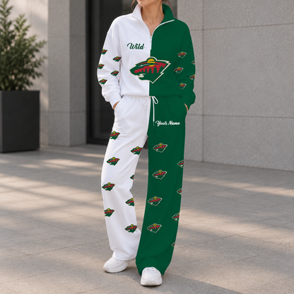 LIMITED EDITION - NEW CUSTOMIZED NHL13 MNW MINNESOTA WILD ZIPPER SWEATSHIRT & WIDE LEG PANTS SET