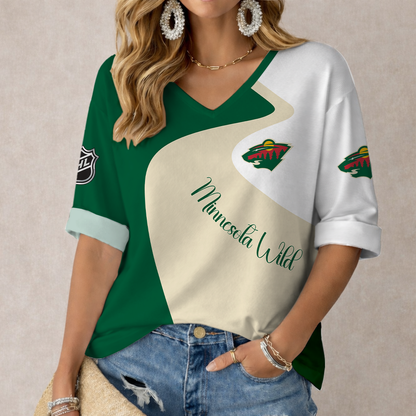LIMITED EDITION - NEW CUSTOMIZED NHL13 MNW MINNESOTA WILD WOMEN'S V-NECK LONG SLEEVE SHIRT