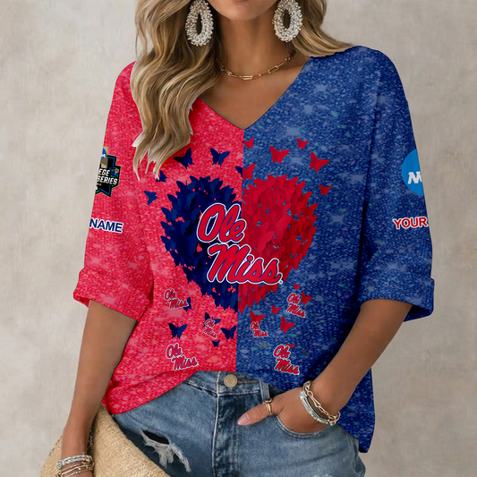 LIMITED DROP - NEW CUSTOMIZED | NCAA CWS13 OMR OLE MISS REBELS WOMEN'S HEART V-NECK LONG SLEEVE SHIRT