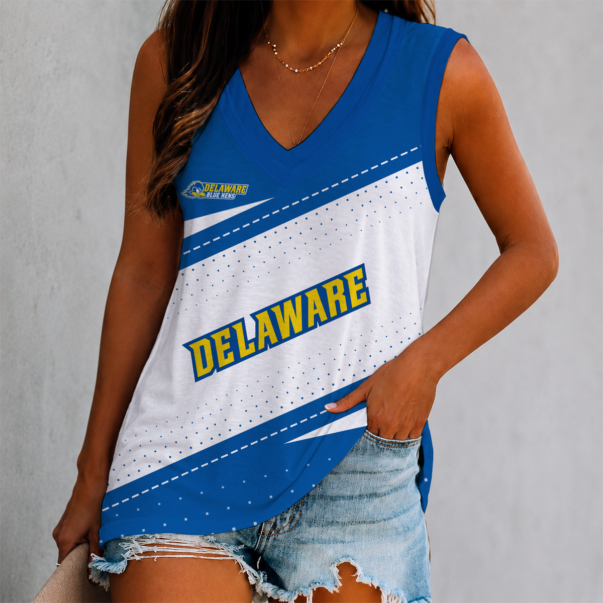 ELITE EDITION - NEW CUSTOMIZED NCAA CFH14 DFH DELAWARE FIGHTIN' BLUE HENS WOMEN'S V-NECK TANK TOP