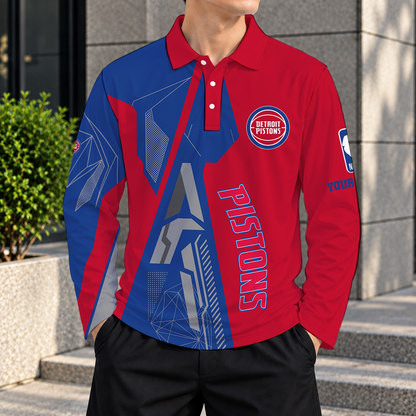 LIMITED EDITION - NEW CUSTOMIZED NBA14 DPI DETROIT PISTONS MEN'S LONG SLEEVE POLO