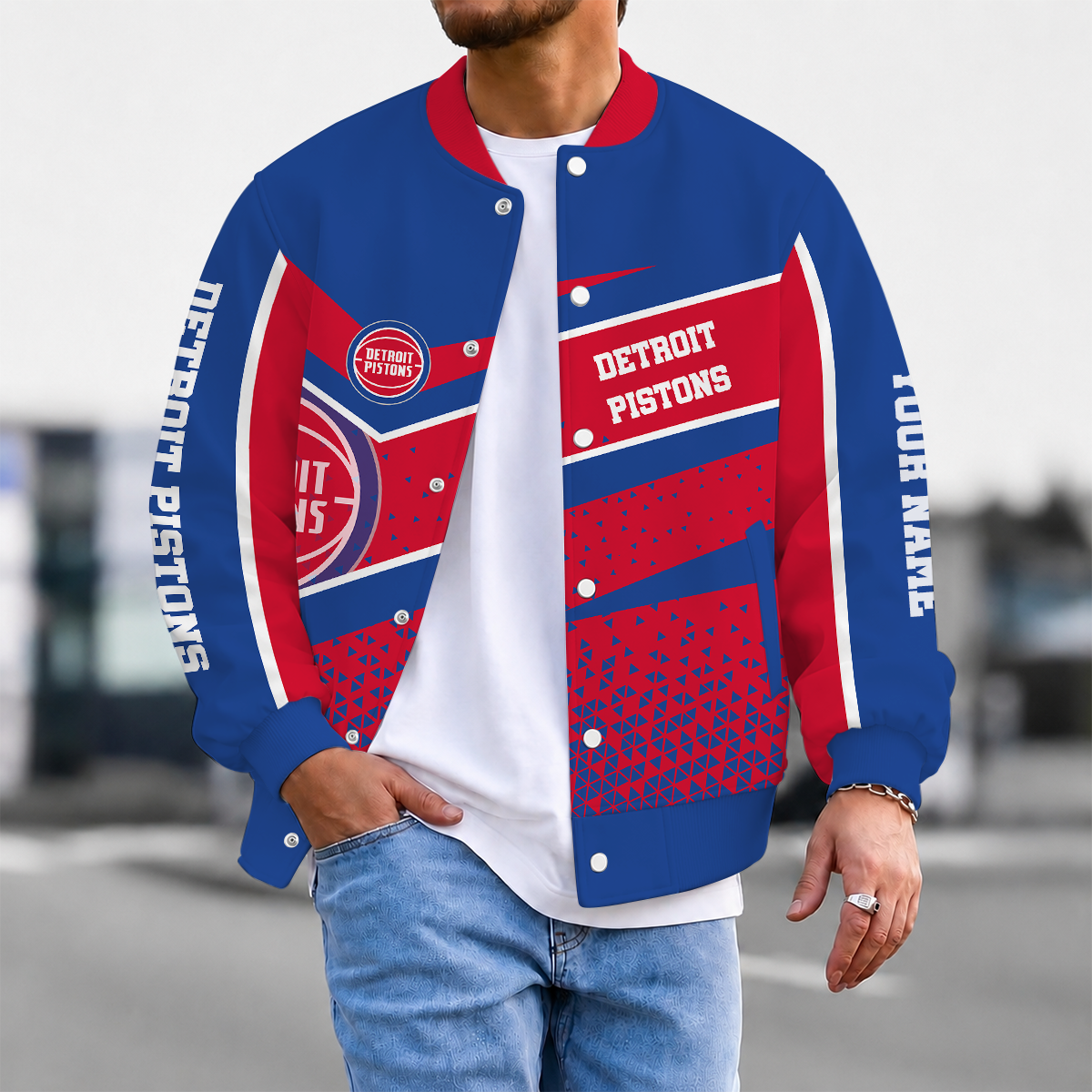 SPECIAL EDITION - NEW CUSTOMIZED NBA14 DPI DETROIT PISTONS BASEBALL JACKET, SATIN VARSITY JACKET