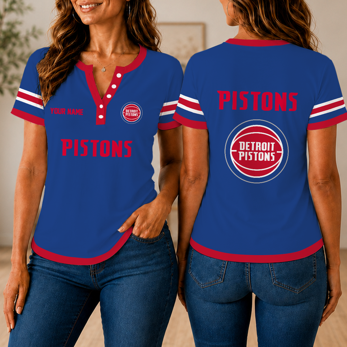 LIMITED EDITION - NEW CUSTOMIZED NBA14 DPI DETROIT PISTONS  WOMEN'S SHORT SLEEVE HENLEY T-SHIRT