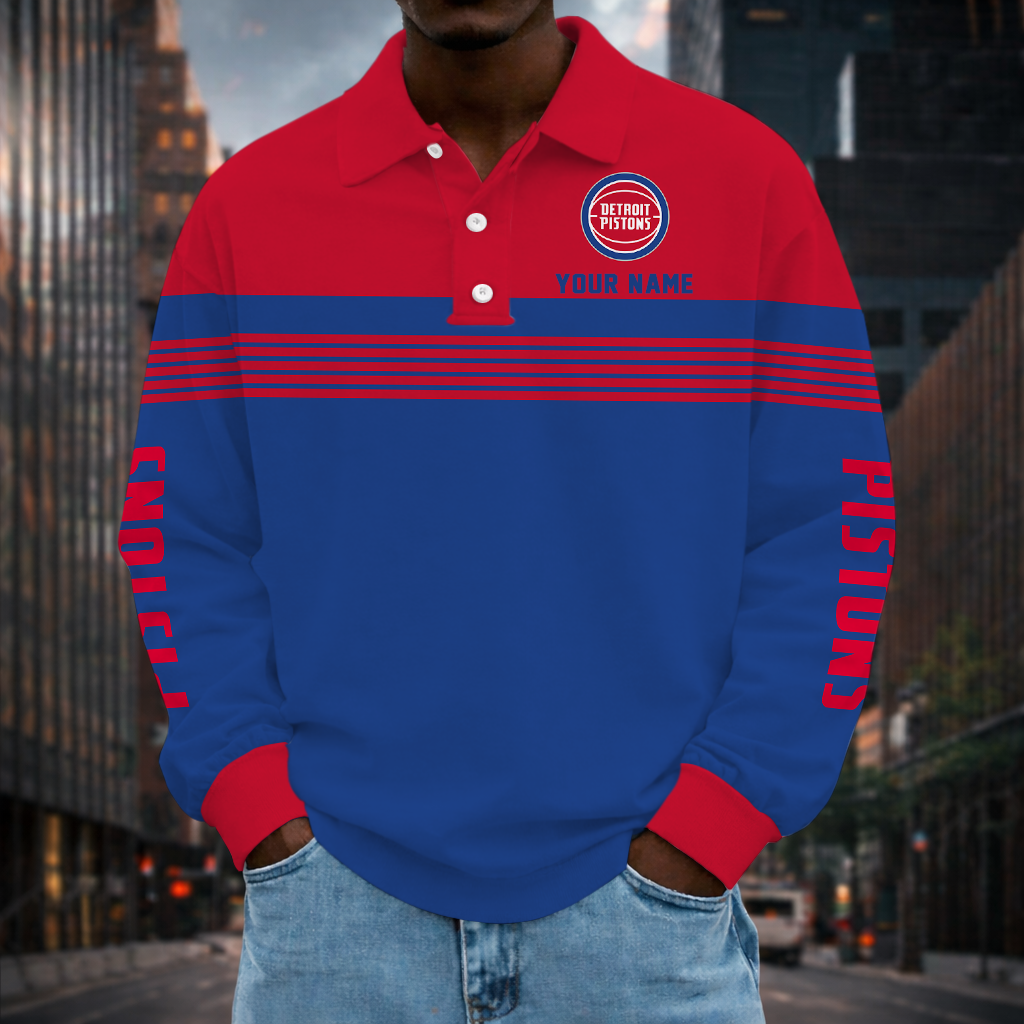 VIRAL EDITION - NEW CUSTOMIZED NBA14 DPI DETROIT PISTONS MEN LONG SLEEVE POLO