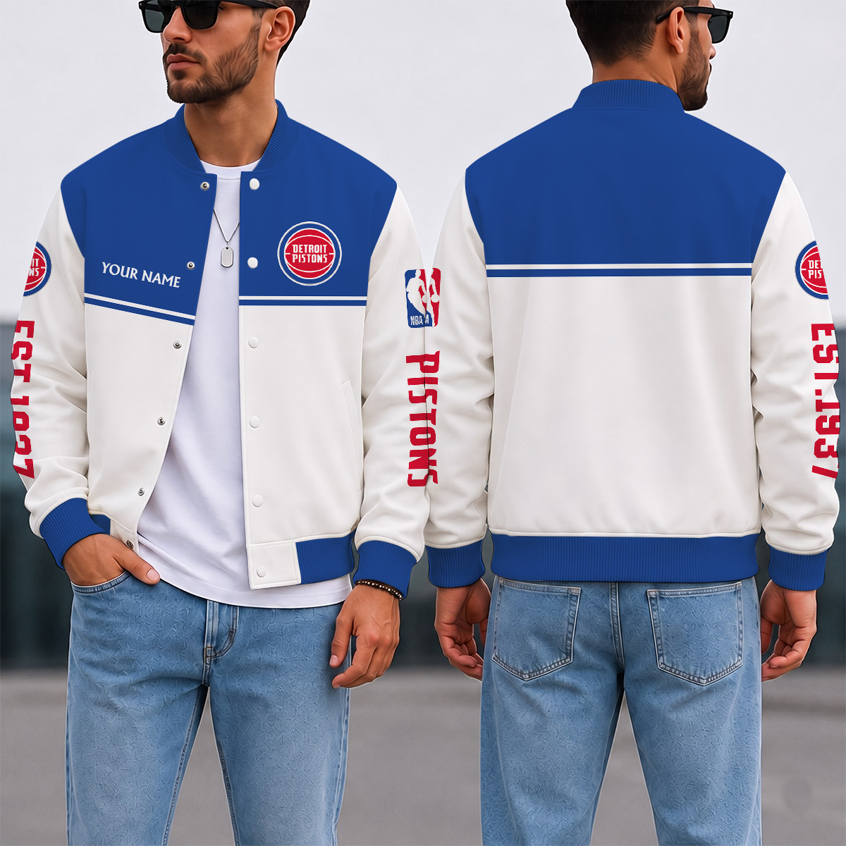 EXCLUSIVE EDITION - NEW CUSTOMIZED NBA14 DPI DETROIT PISTONS BASEBALL JACKET, SATIN VARSITY JACKET