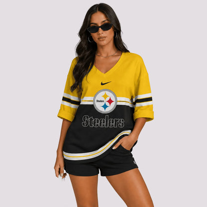 EXCLUSIVE EDITION - NEW CUSTOMIZED | NFL14 PSB PITTSBURGH STEELERS WOMEN'S HEART V-NECK LONG SLEEVE SHIRT