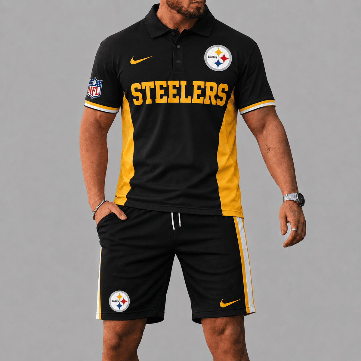 SPECIAL EDITION - NEW CUSTOMIZED | NFL14 PSB PITTSBURGH STEELERS POLO SHIRT & SHORT PANTS SET
