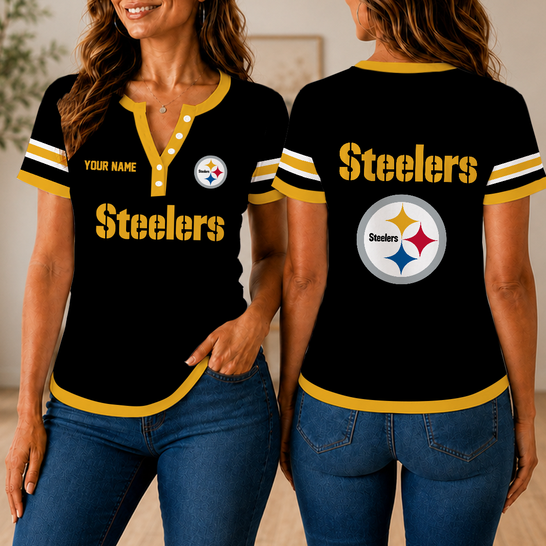 LIMITED EDITION - NEW CUSTOMIZED NFL14 PSB PITTSBURGH STEELERS WOMEN'S SHORT SLEEVE HENLEY T-SHIRT