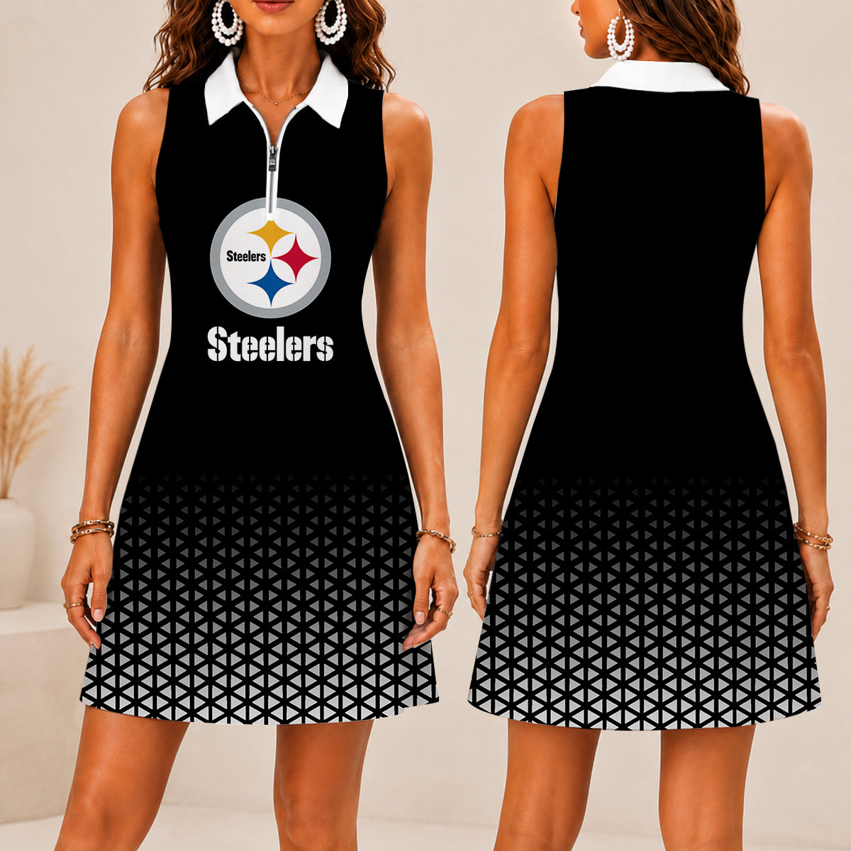 EXCLUSIVE EDITION - NEW CUSTOMIZED NFL14 PSB PITTSBURGH STEELERS WOMEN'S ZIP SLEEVELESS POLO DRESS