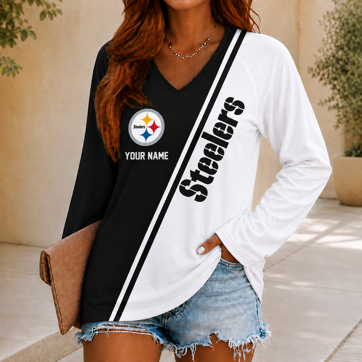 SPECIAL EDITION - NEW CUSTOMIZED NFL14 PSB PITTSBURGH STEELERS WOMEN'S V-NECK LONG SLEEVED SHIRT