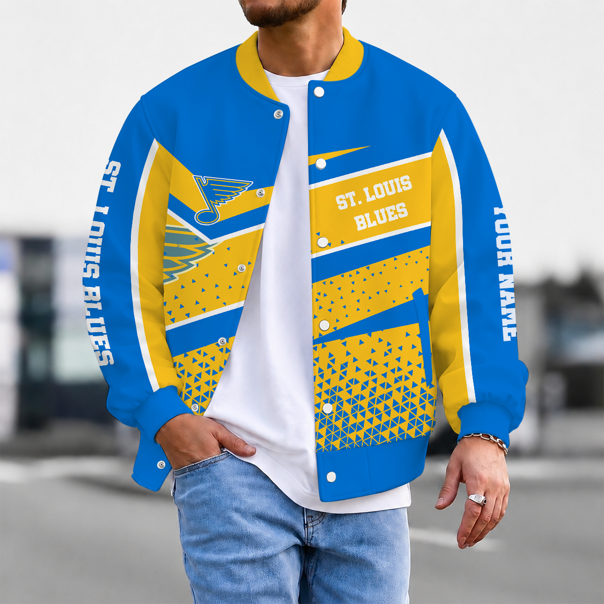 LIMITED EDITION - NEW CUSTOMIZED NHL14 SLB ST. LOUIS BLUES SATIN VARSITY JACKET & BASEBALL JACKET