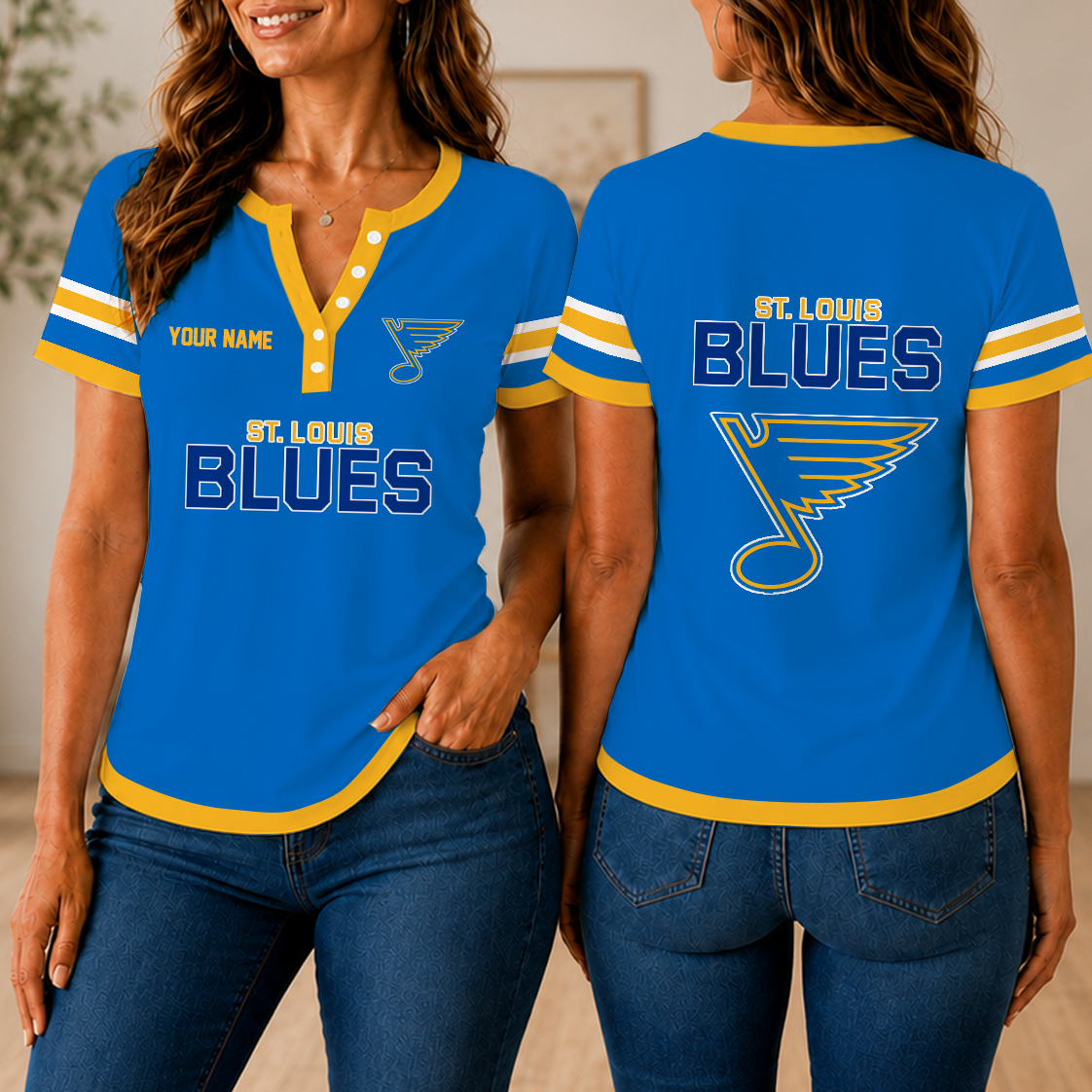 LIMITED EDITION - NEW CUSTOMIZED NHL14 SLB ST. LOUIS BLUES WOMEN'S SHORT SLEEVE HENLEY T-SHIRT