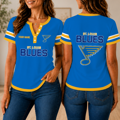 LIMITED EDITION - NEW CUSTOMIZED NHL14 SLB ST. LOUIS BLUES WOMEN'S SHORT SLEEVE HENLEY T-SHIRT