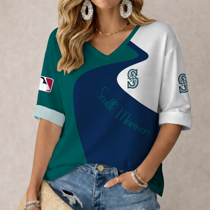 LIMITED EDITION - NEW CUSTOMIZED MLB14 SMS SEATTLE MARINERS WOMEN'S  V-NECK LONG SLEEVE SHIRT