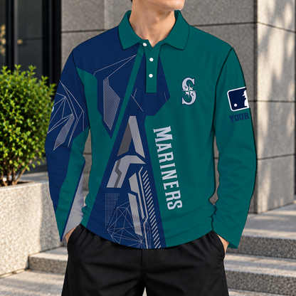 SPECIAL EDITION - NEW CUSTOMIZED MLB14 SMS SEATTLE MARINERS MEN'S LONG SLEEVE POLO