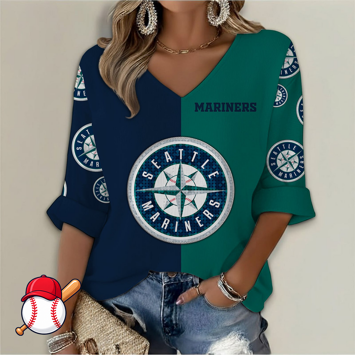 LIMITED EDITION - NEW CUSTOMIZED MLB14 SMS SEATTLE MARINERS WOMEN'S  V-NECK LONG SLEEVE SHIRT