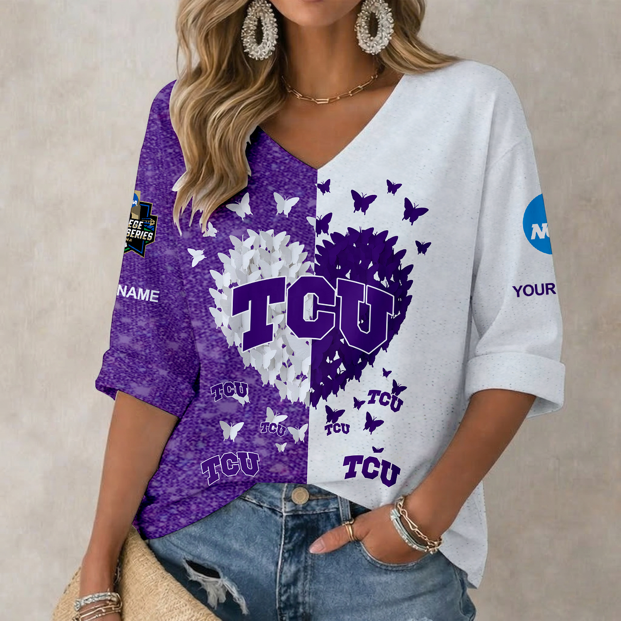 LIMITED DROP - NEW CUSTOMIZED | NCAA CWS14 THF TCU HORNED FROGS WOMEN'S HEART V-NECK LONG SLEEVE SHIRT