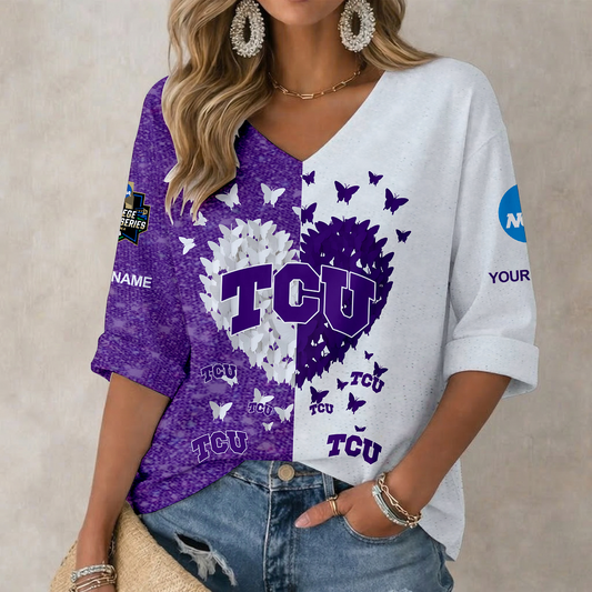 LIMITED DROP - NEW CUSTOMIZED | NCAA CWS14 THF TCU HORNED FROGS WOMEN'S HEART V-NECK LONG SLEEVE SHIRT