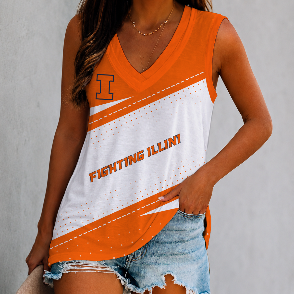 FINAL SALE - NEW CUSTOMIZED NCAA MAM15 IFI ILLINOIS FIGHTING ILLINI WOMEN'S V-NECK TANK TOP